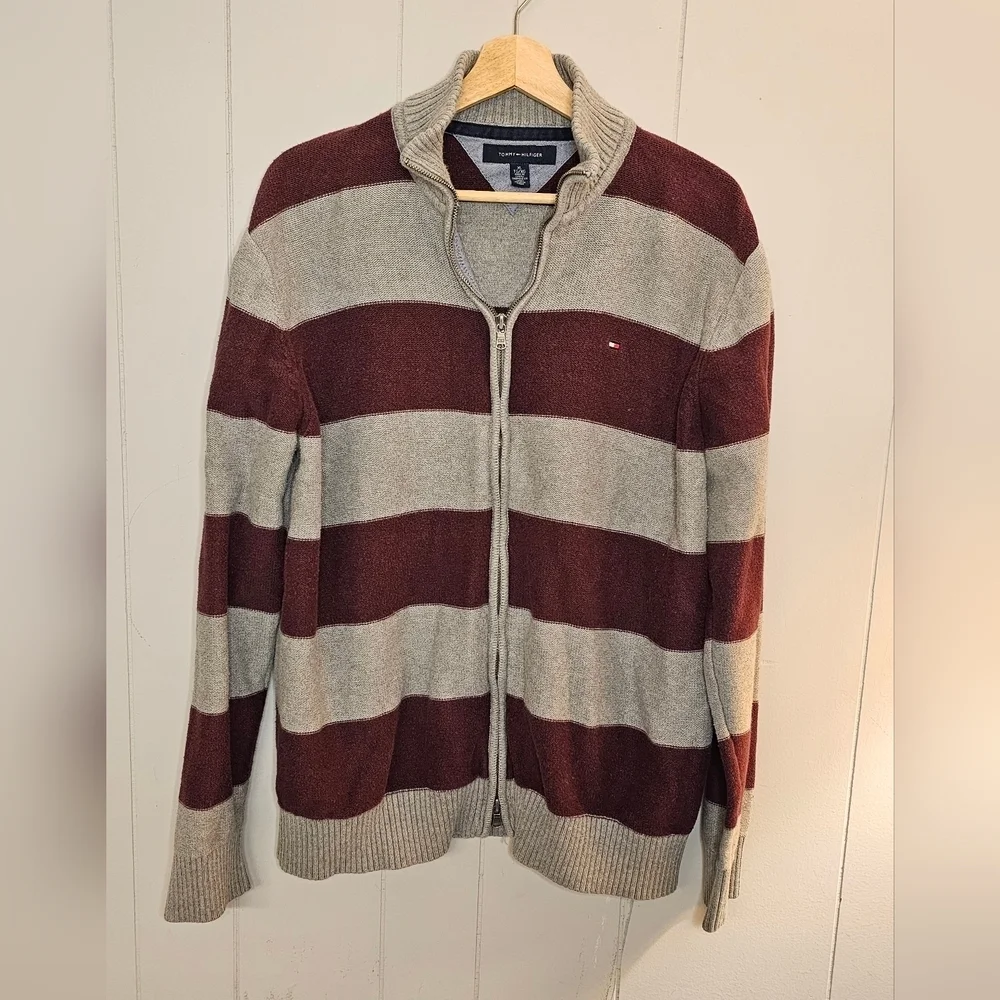 TOMMY HILFIGER Mens Gray/Burgundy Stand Collar Zip-Up Sweater, XL